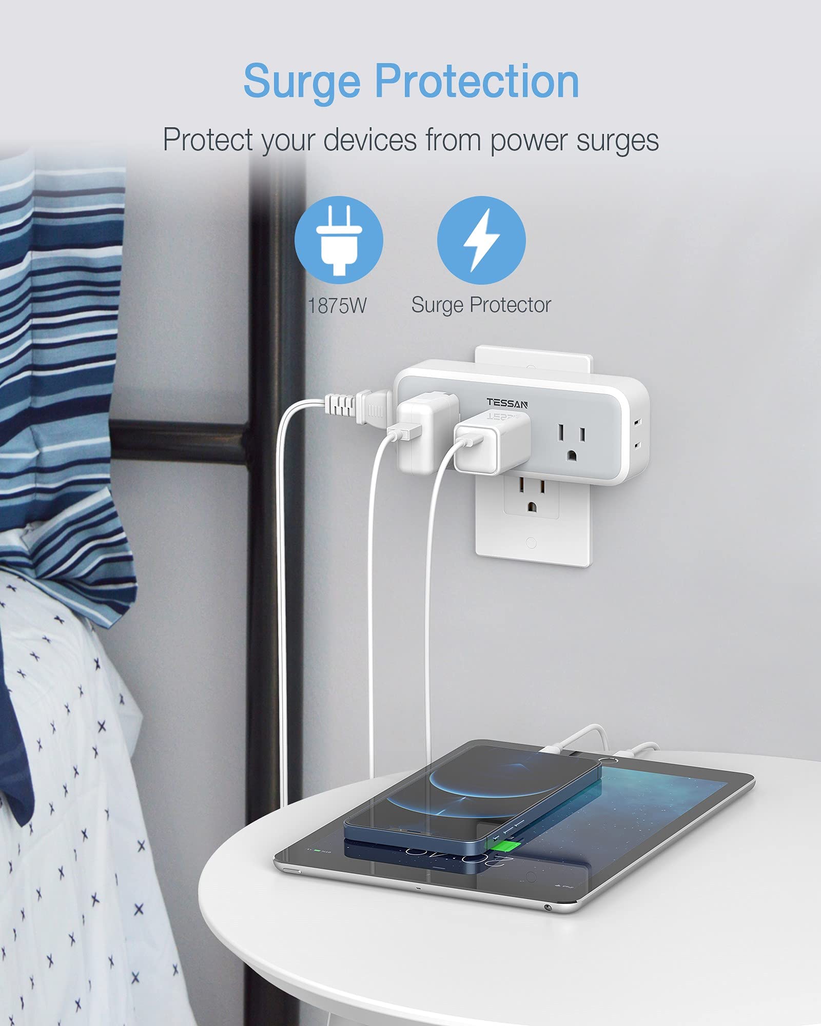 TESSAN space-saving design keeps lower outlets free for use.