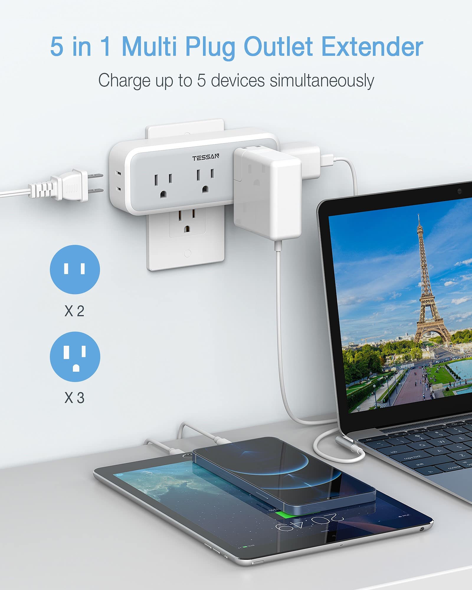 TESSAN surge protection close-up guards electronics from surges.