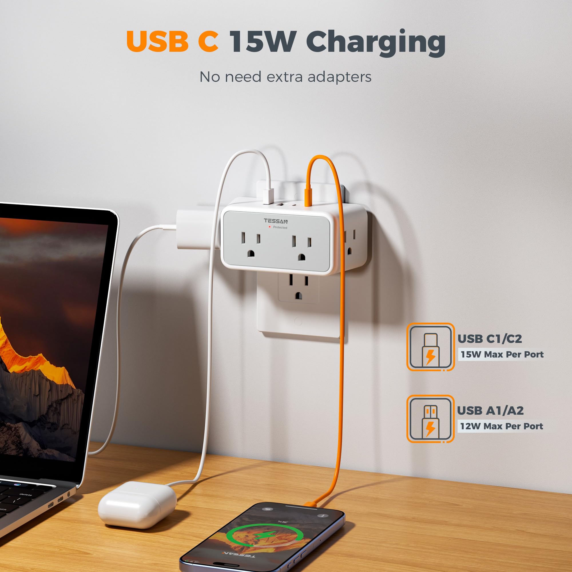 TESSAN surge protector indicator highlighting built-in protection for devices