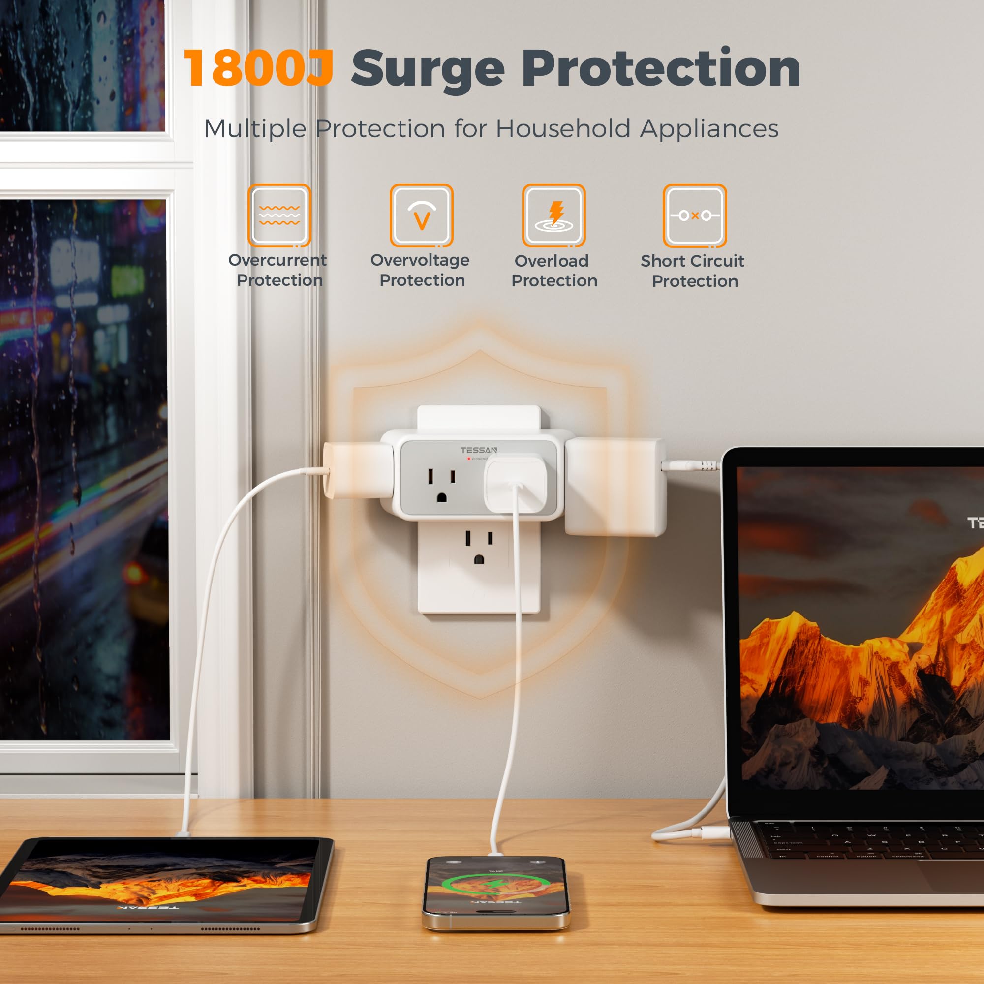 TESSAN surge protector outlet extender in use powering multiple devices at once
