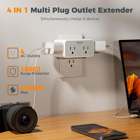 TESSAN 3-sided outlet adapter with wide spacing fits large plugs without blocking