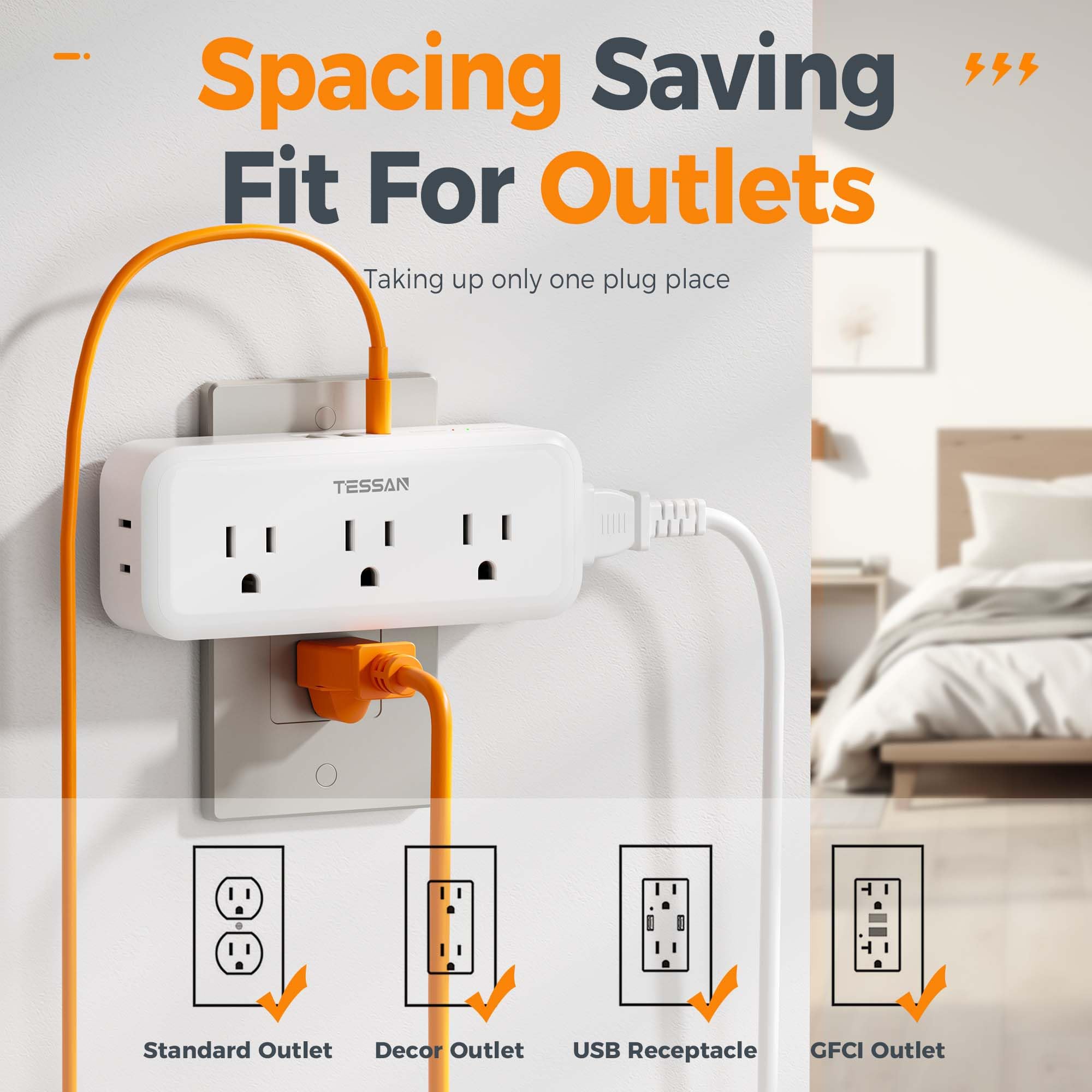 TESSAN surge protector highlights overload and short-circuit protection