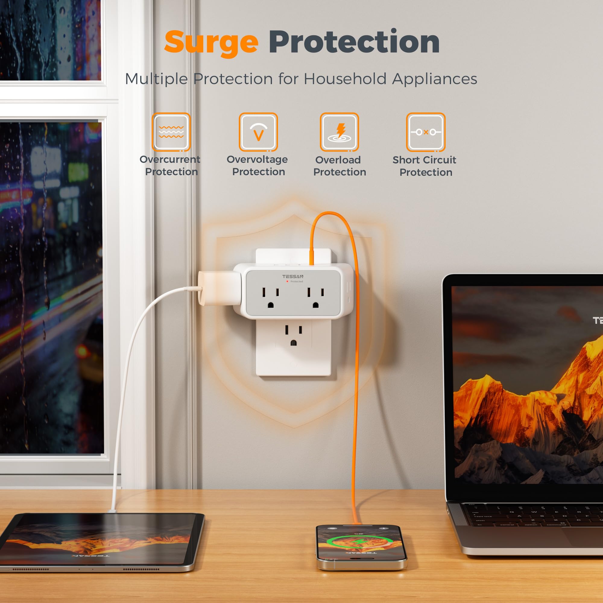 TESSAN three-side design outlets ensuring big plugs fit without blocking