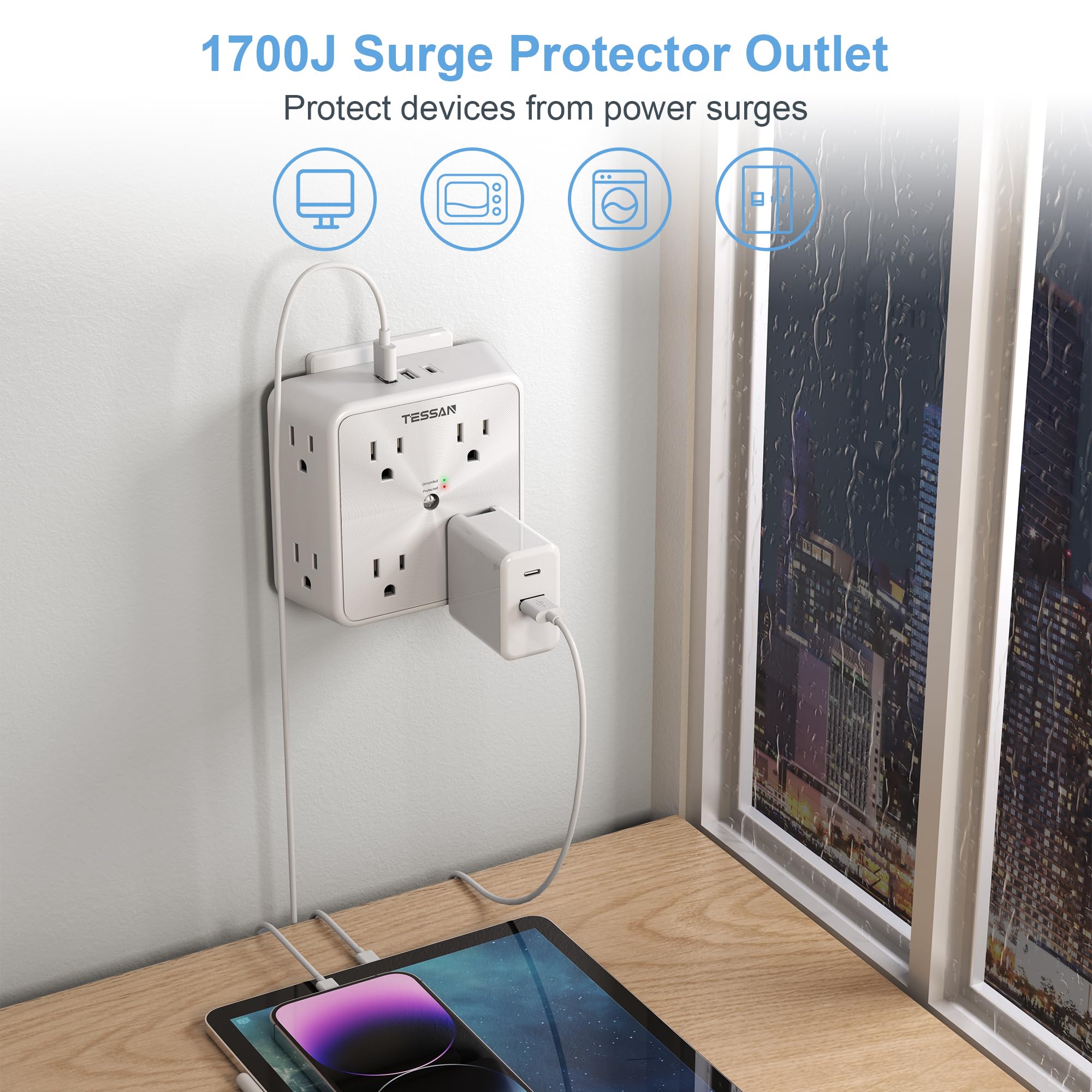 TESSAN three-sided outlet design fits large plugs without blocking
