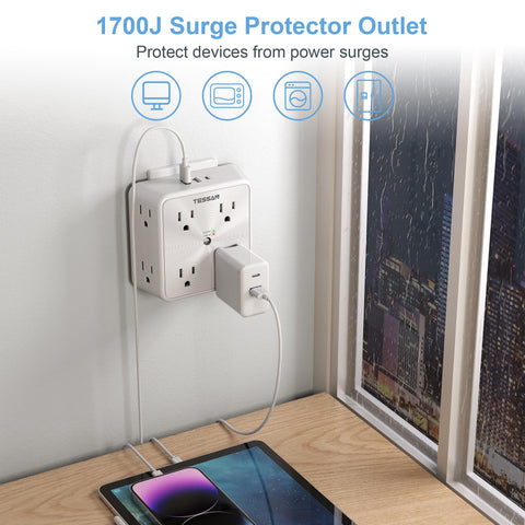 TESSAN three-sided outlet design fits large plugs without blocking