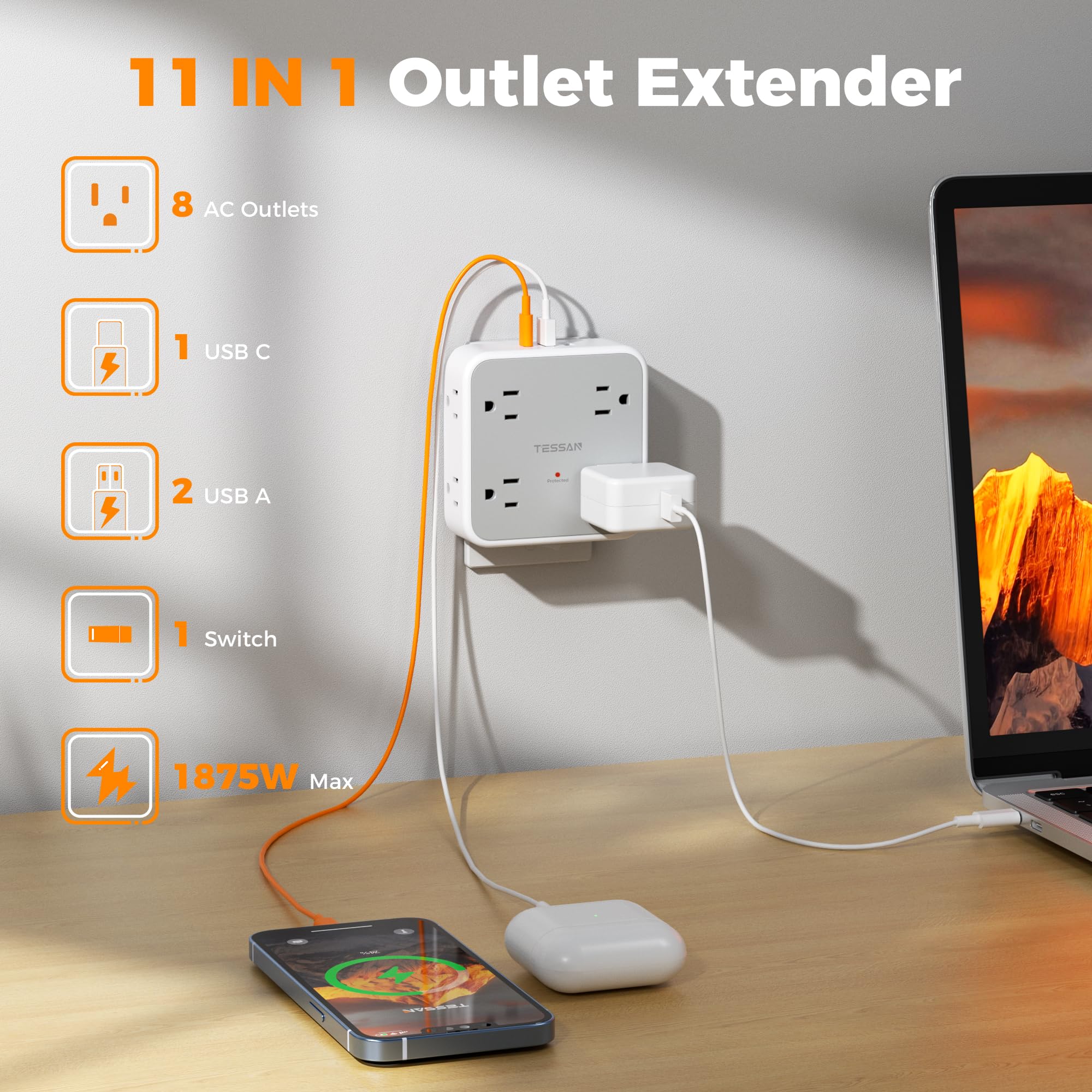 TESSAN three-sided outlet extender keeps outlets accessible in tight spaces.