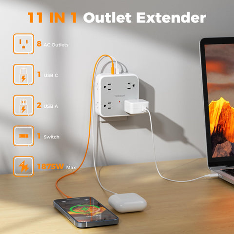 TESSAN three-sided outlet extender keeps outlets accessible in tight spaces.