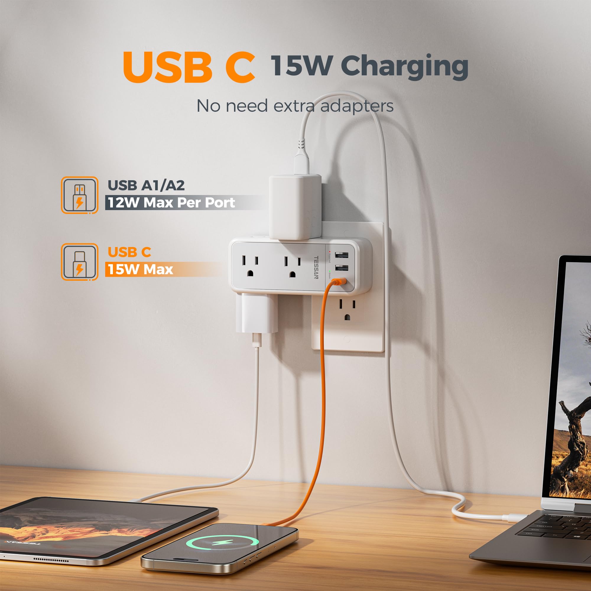 TESSAN three-sided outlet spacing helps keep cords organized and accessible.