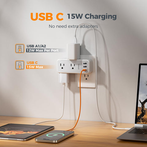 TESSAN three-sided outlet spacing helps keep cords organized and accessible.