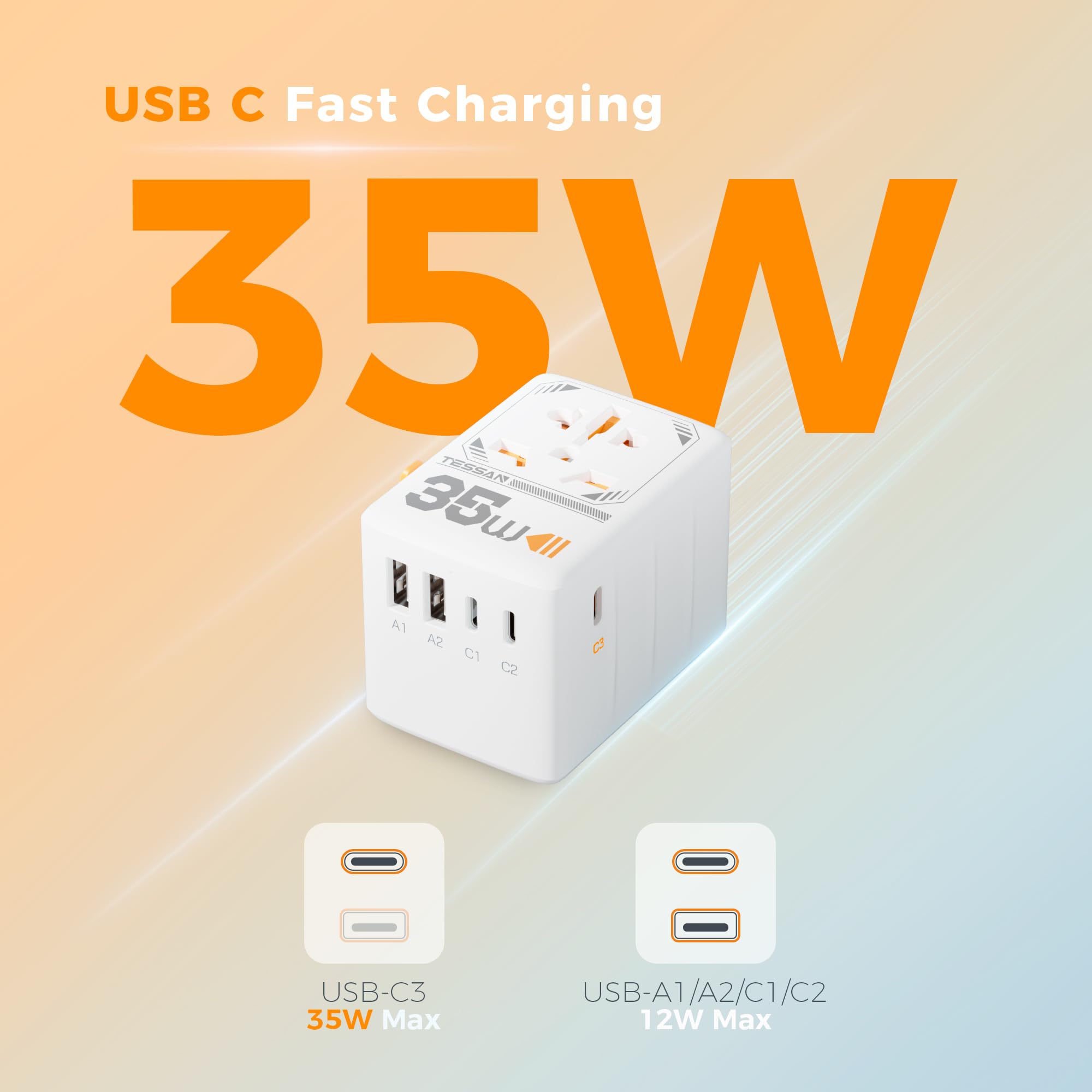 TESSAN 6-in-1 travel adapter with multiple USB ports for multi-device charging