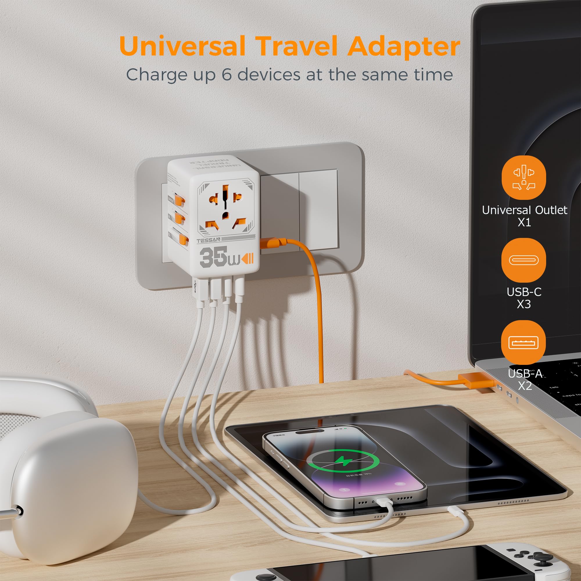 TESSAN compact travel adapter design fits easily in a bag