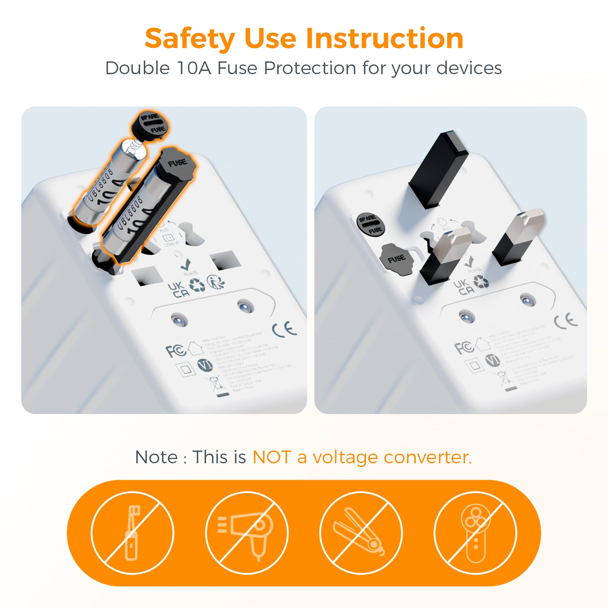TESSAN adapter with double fuse safety for overseas use