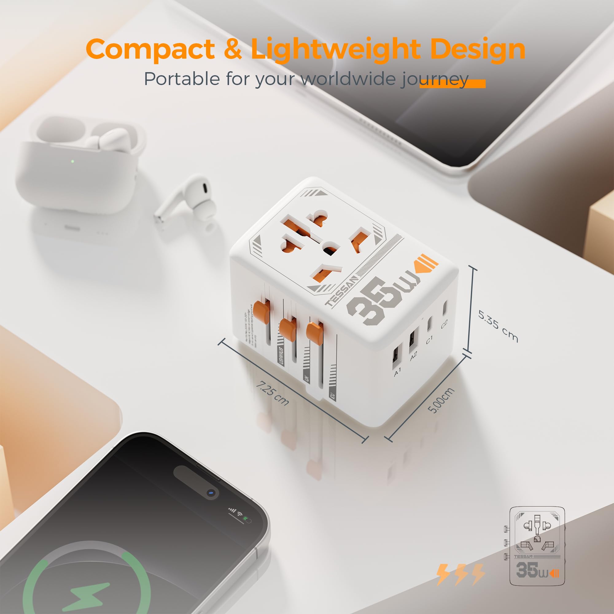 TESSAN pocket-sized travel adapter ready for carry-on packing