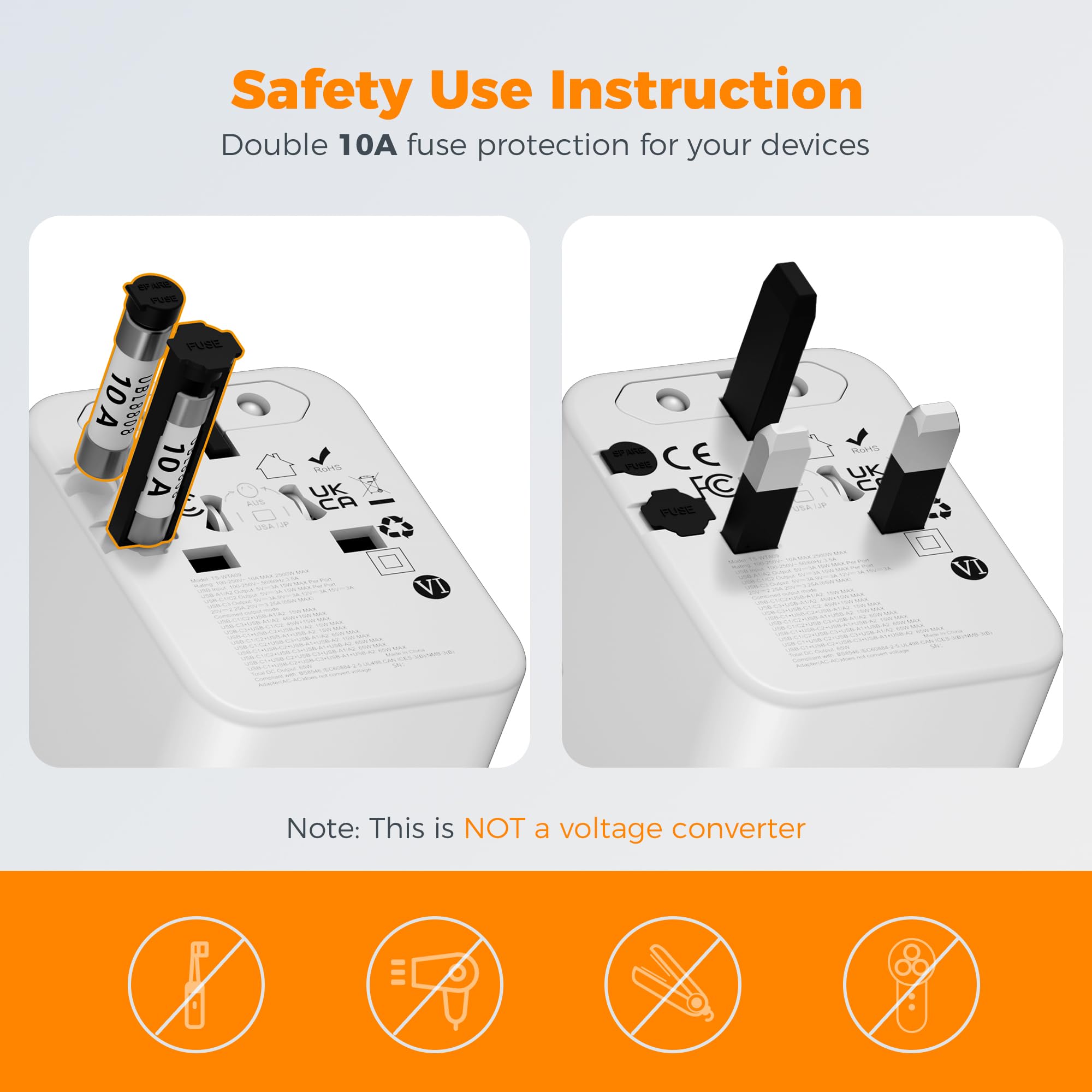 Side two-prong outlet works with Japan and United States devices.