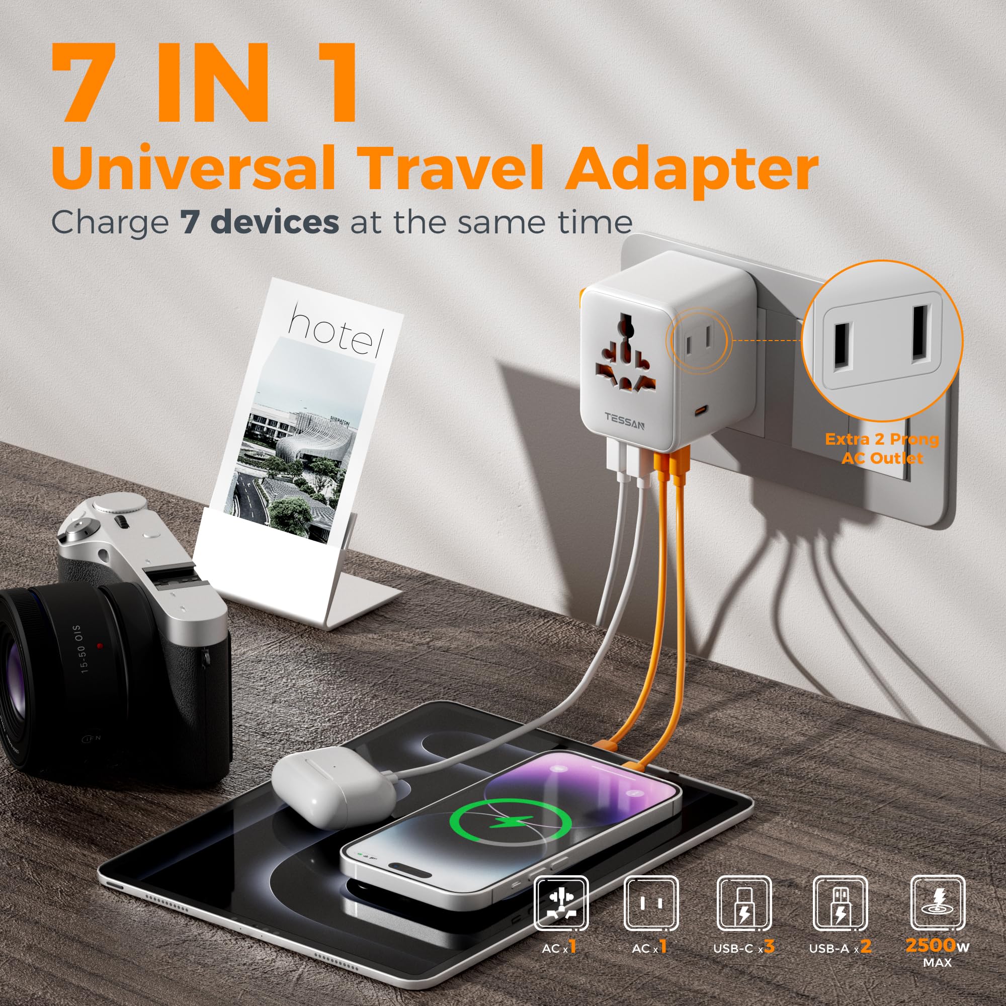 TESSAN travel adapter showing two AC outlets for simultaneous charging.