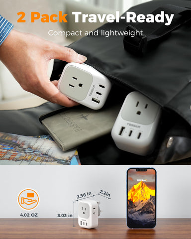 TESSAN travel-size adapter with compact dimensions fits in small bags.