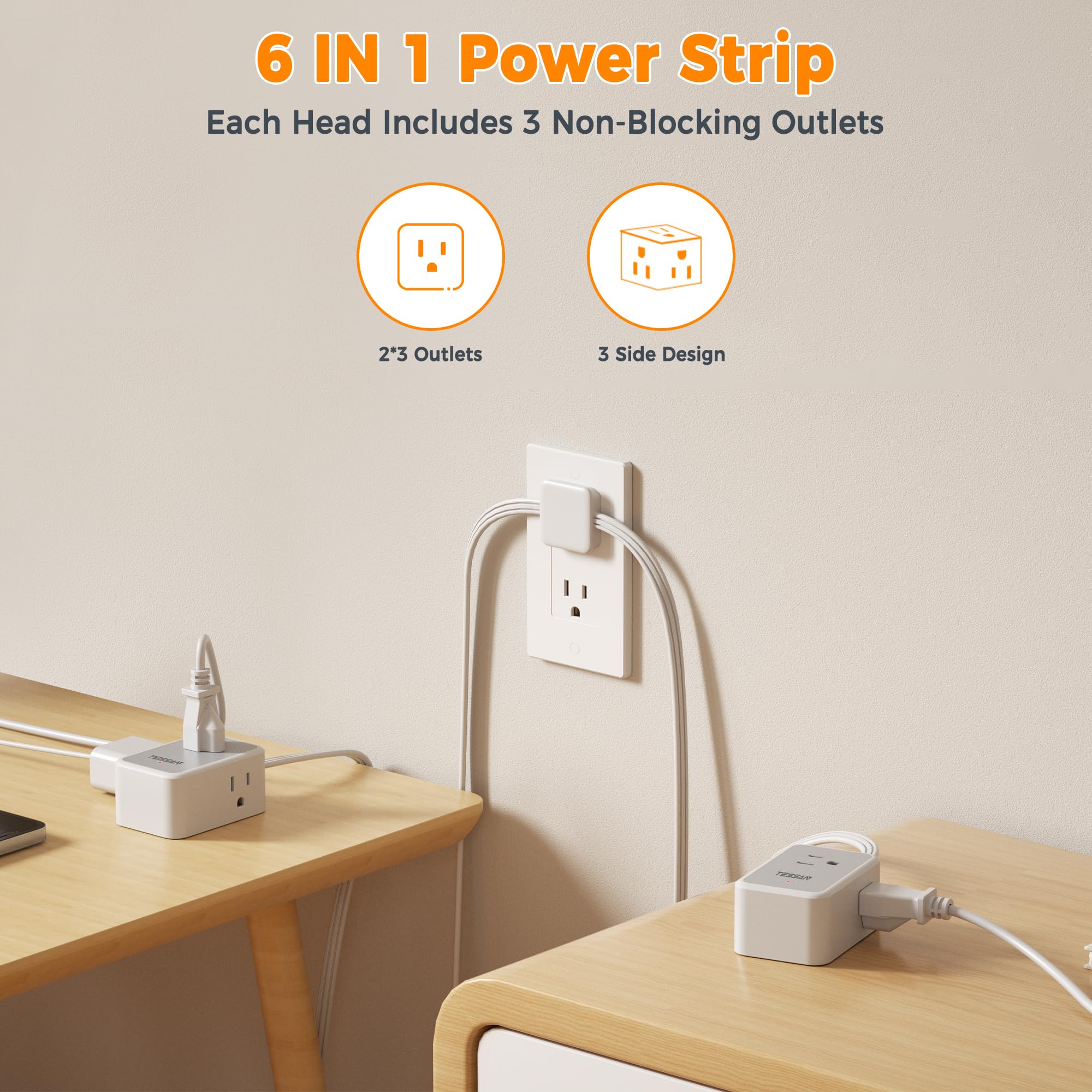 TESSAN six-outlet dual power strip on each side