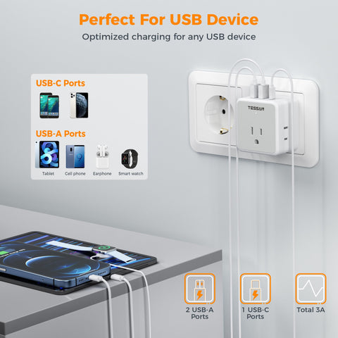 TESSAN Type C/E/F/L plugs for Europe travel convenience