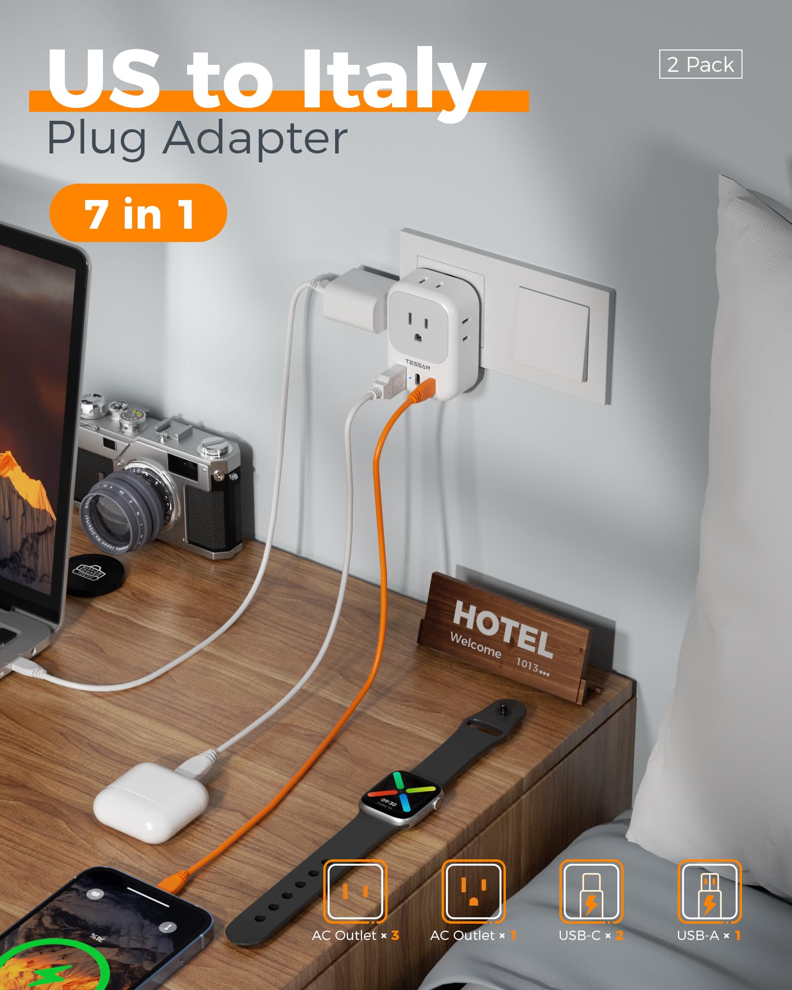 TESSAN Type L Italy adapter in compact design fits easily in bags.