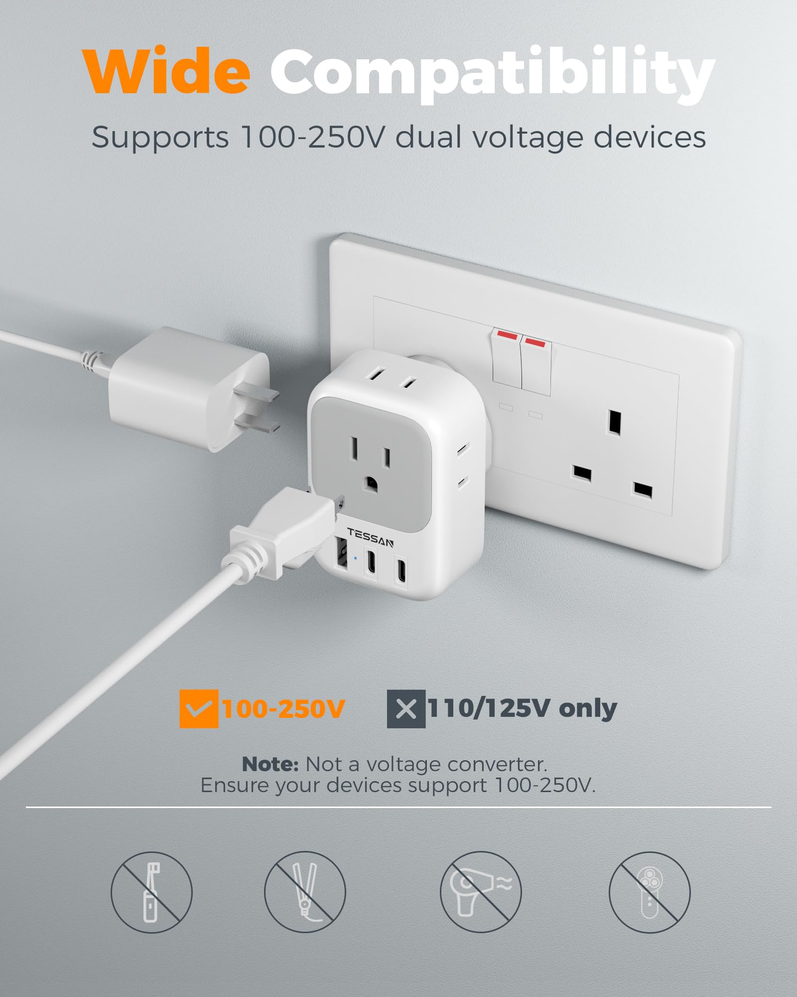 TESSAN UK adapter not a voltage converter; check device voltage before use.