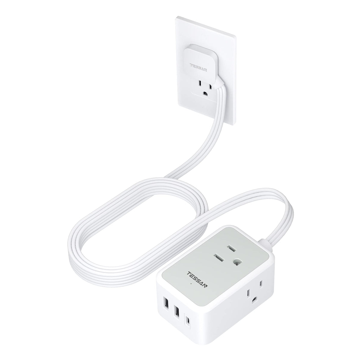 TESSAN ultra-thin flat extension cord with flat head for discreet wall mounting and space saving.