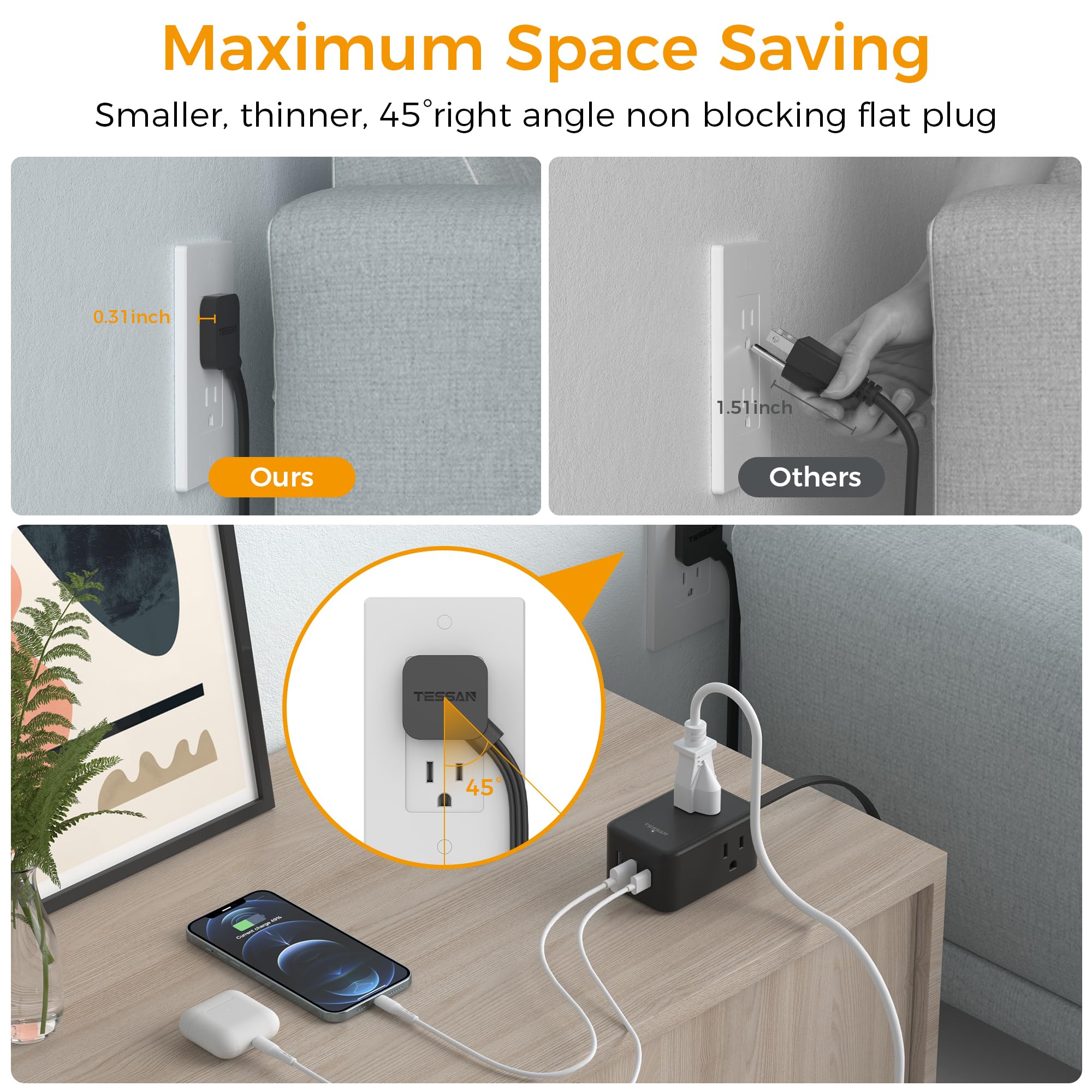 TESSAN ultra-thin power strip with three USB ports including USB-C for modern devices