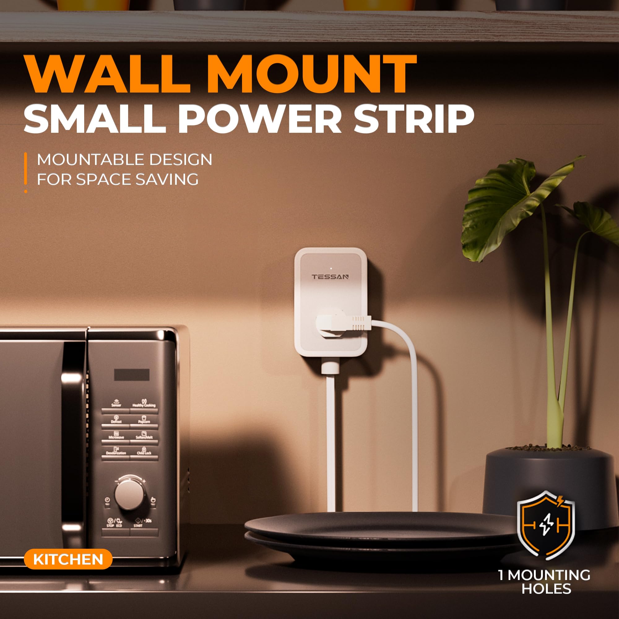 TESSAN extension cord with mounting hole stabilizes under desks or nightstands.