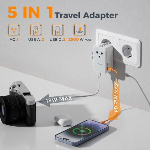 TESSAN travel adapter demonstrates compatibility across US, EU, UK, and Asia.