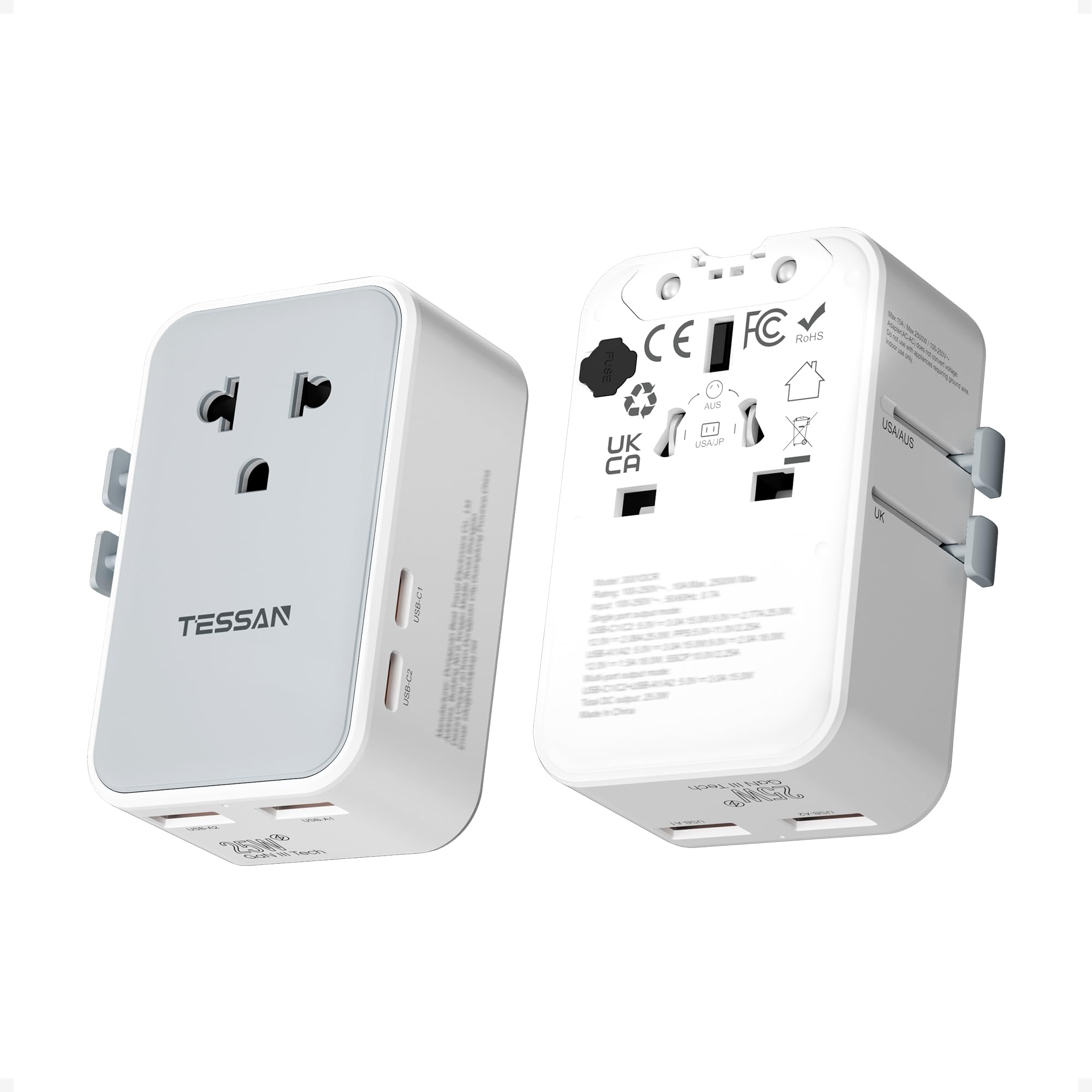 TESSAN universal travel adapter front view with compact ports for travel.