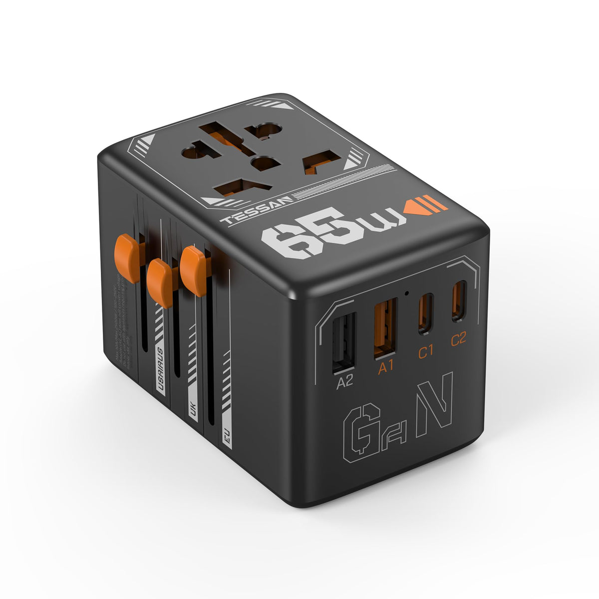TESSAN universal travel adapter front view for compact packing and global use.
