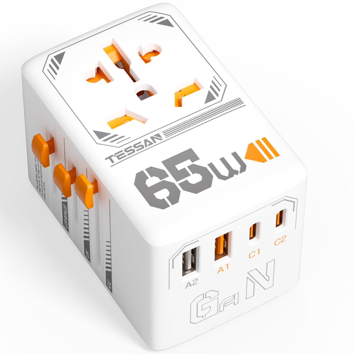 TESSAN universal travel adapter front view showing all ports for worldwide charging