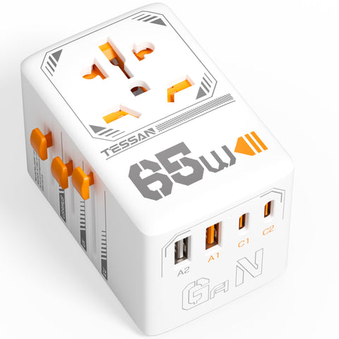TESSAN universal travel adapter front view showing all ports for worldwide charging