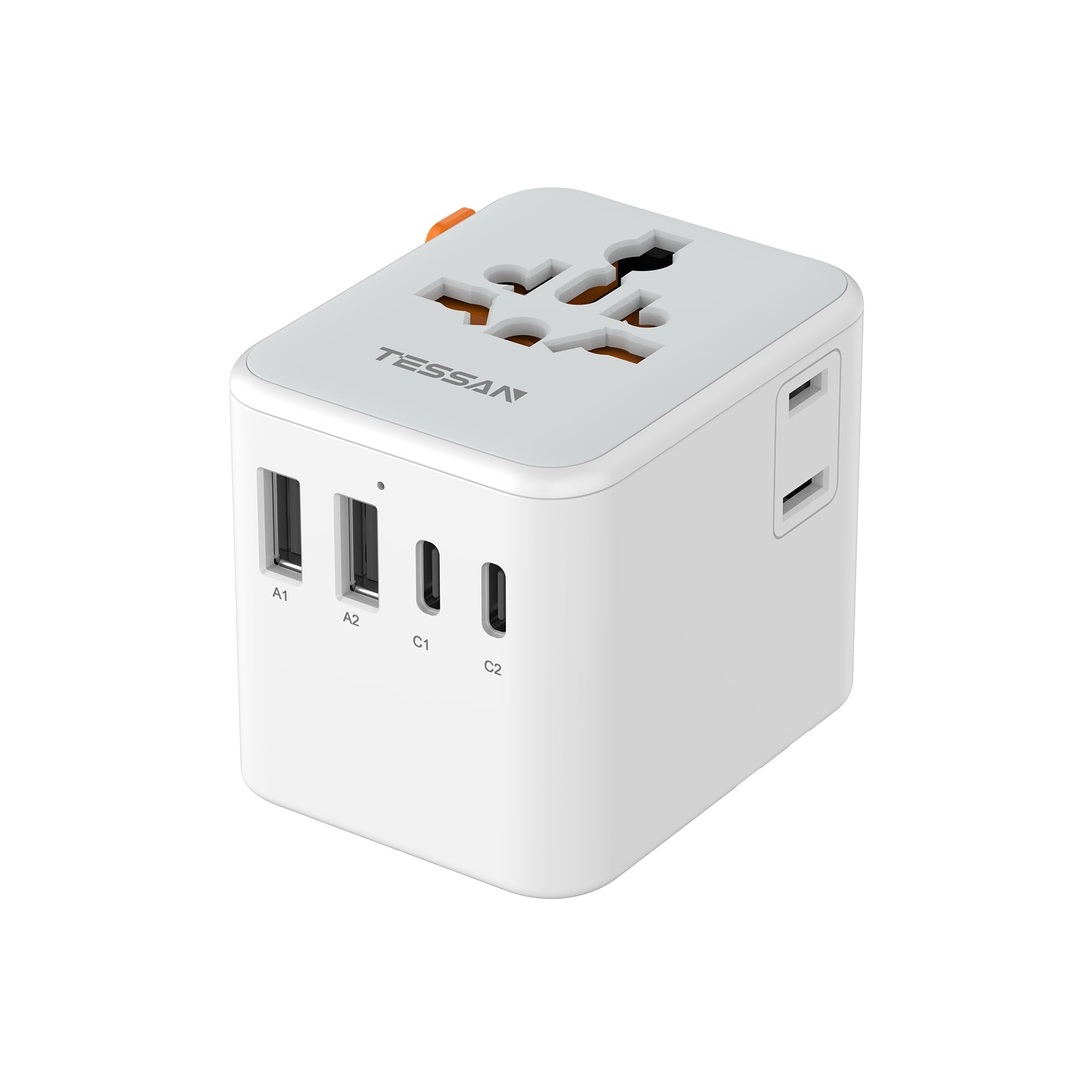 TESSAN universal travel adapter front view with multi-port charging for global trips.