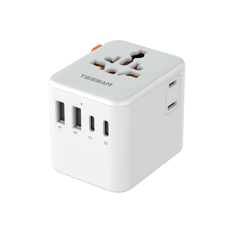 TESSAN universal travel adapter front view with multi-port charging for global trips.