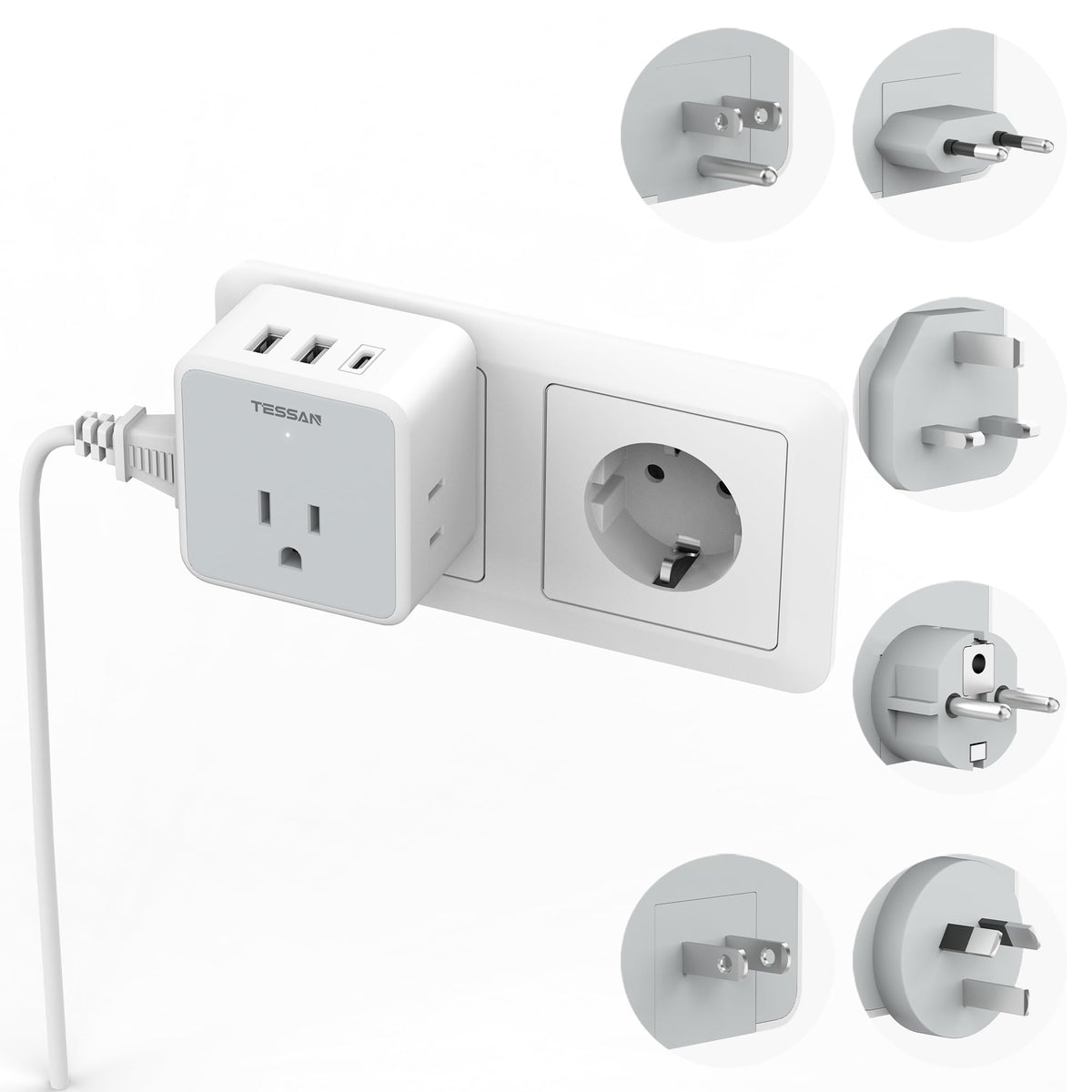 TESSAN universal travel adapter kit with 6-in-1 design enables worldwide charging.