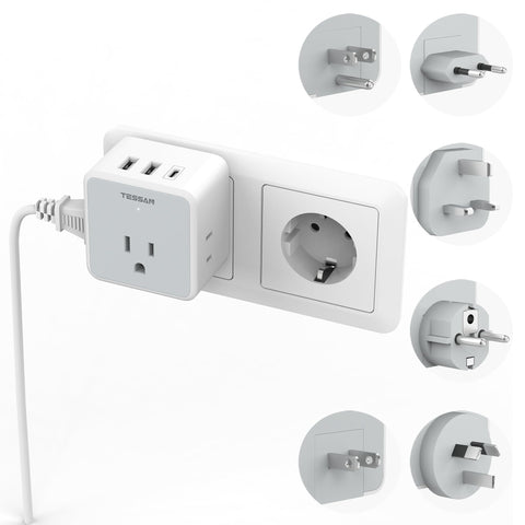 TESSAN universal travel adapter kit with 6-in-1 design enables worldwide charging.