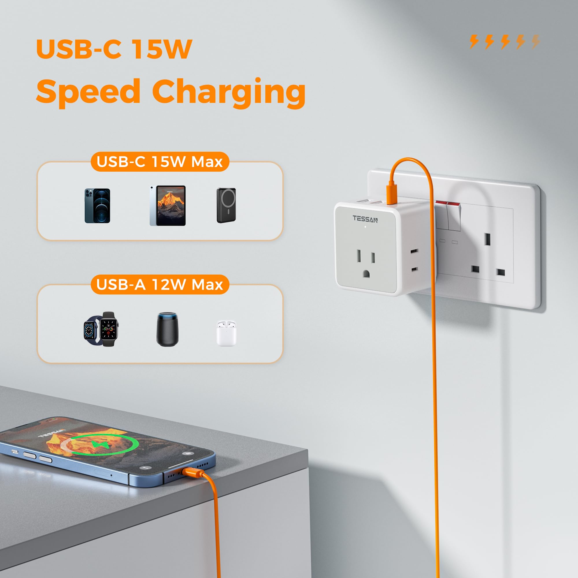 TESSAN three AC outlets power multiple devices.