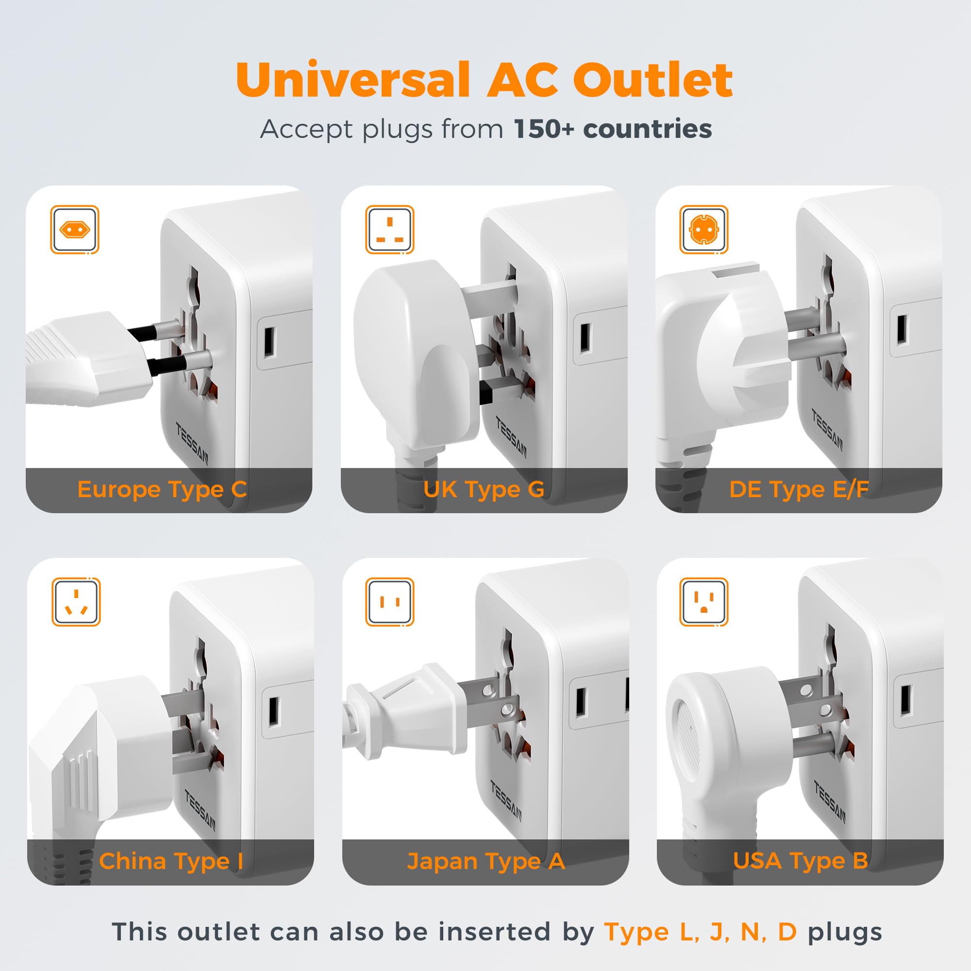 TESSAN universal travel adapter in travel scene demonstrating compact size.