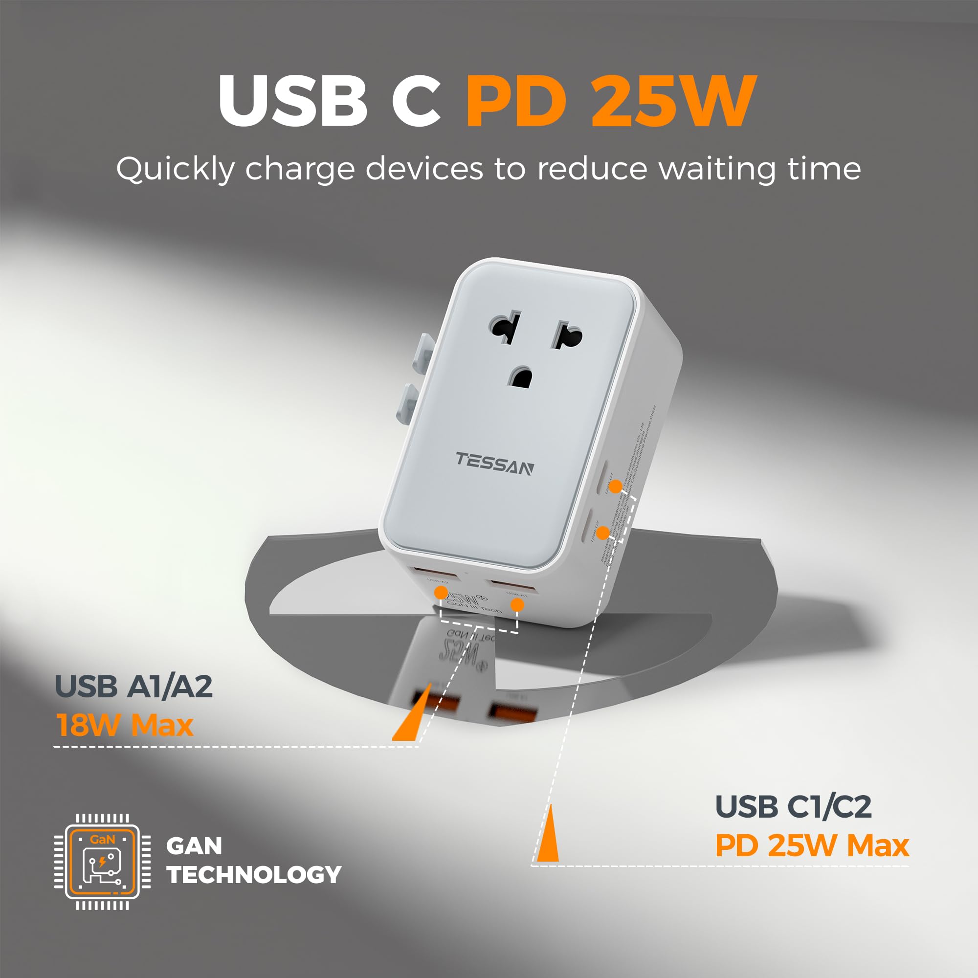 TESSAN adaptor with four USB ports ready for simultaneous charging.