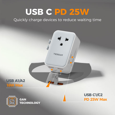 TESSAN adaptor with four USB ports ready for simultaneous charging.