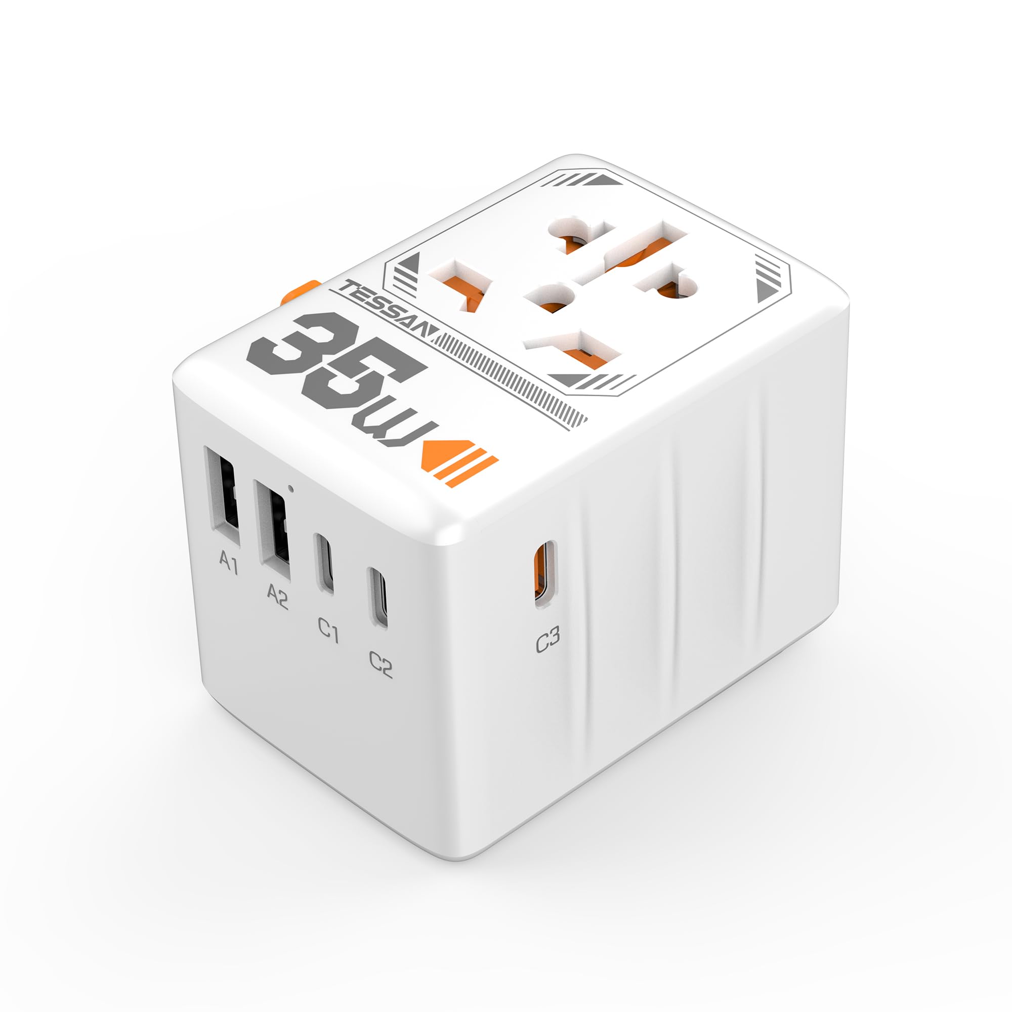 TESSAN universal travel adapter showing worldwide outlet compatibility for travelers