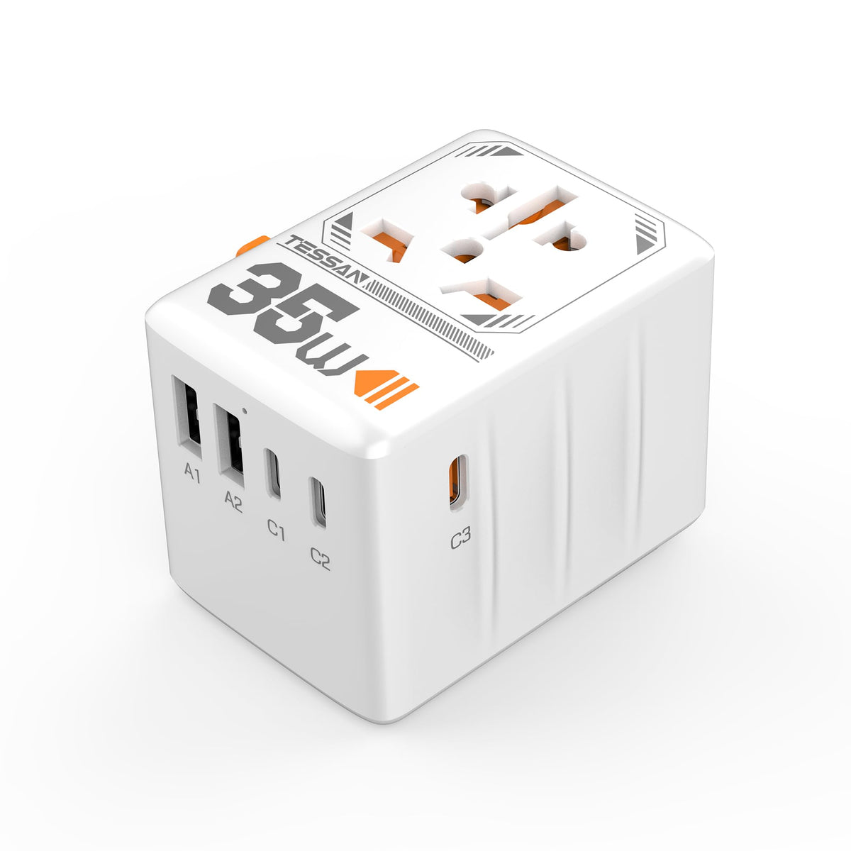 TESSAN universal travel adapter showing worldwide outlet compatibility for travelers