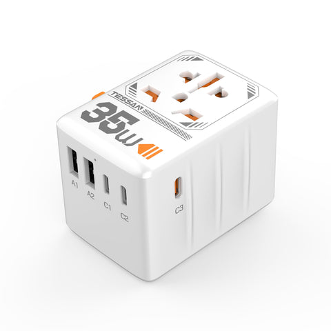 TESSAN universal travel adapter showing worldwide outlet compatibility for travelers