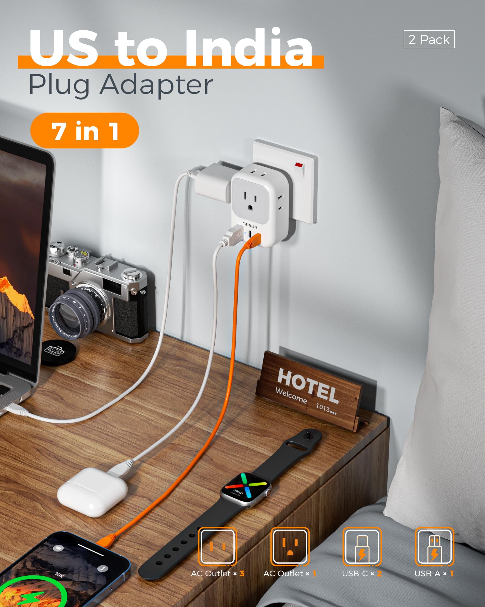 Compact TESSAN travel adapter designed for easy packing on the go