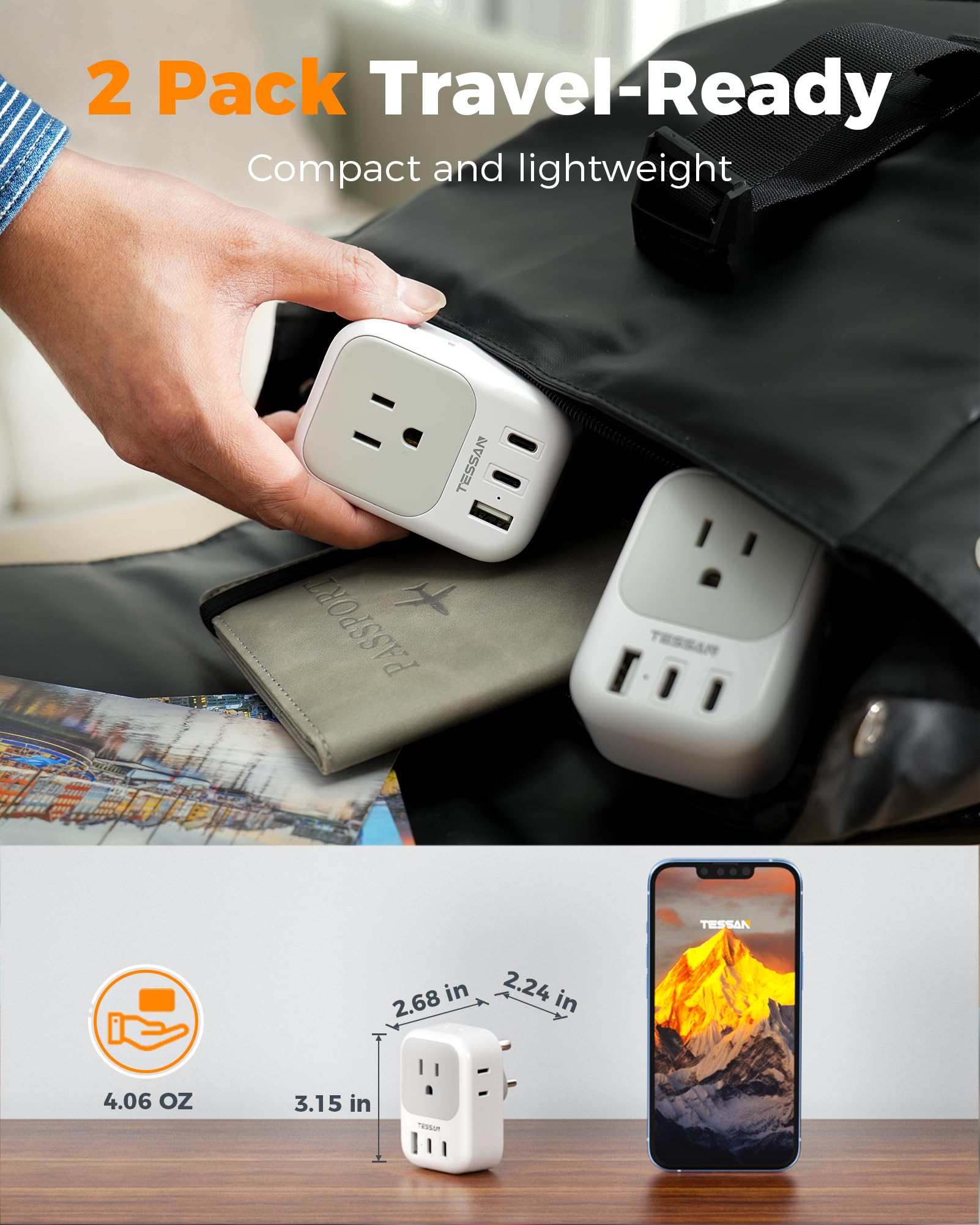 TESSAN travel adapter shown in a small bag, emphasizing portability