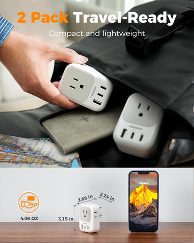 TESSAN travel adapter shown in a small bag, emphasizing portability