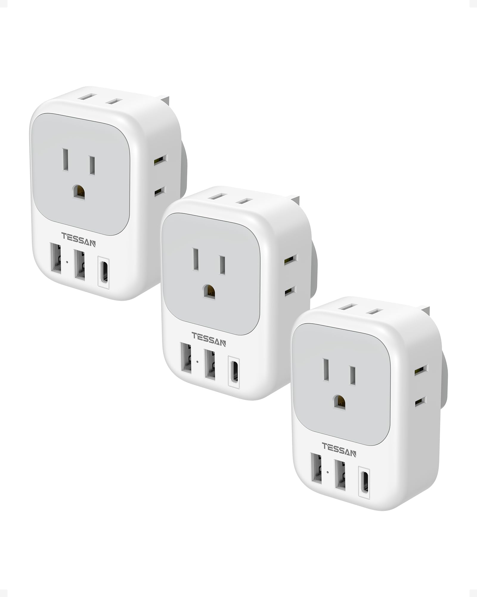 TESSAN US-to-UK adapter showing four outlets and three USB ports for travel.