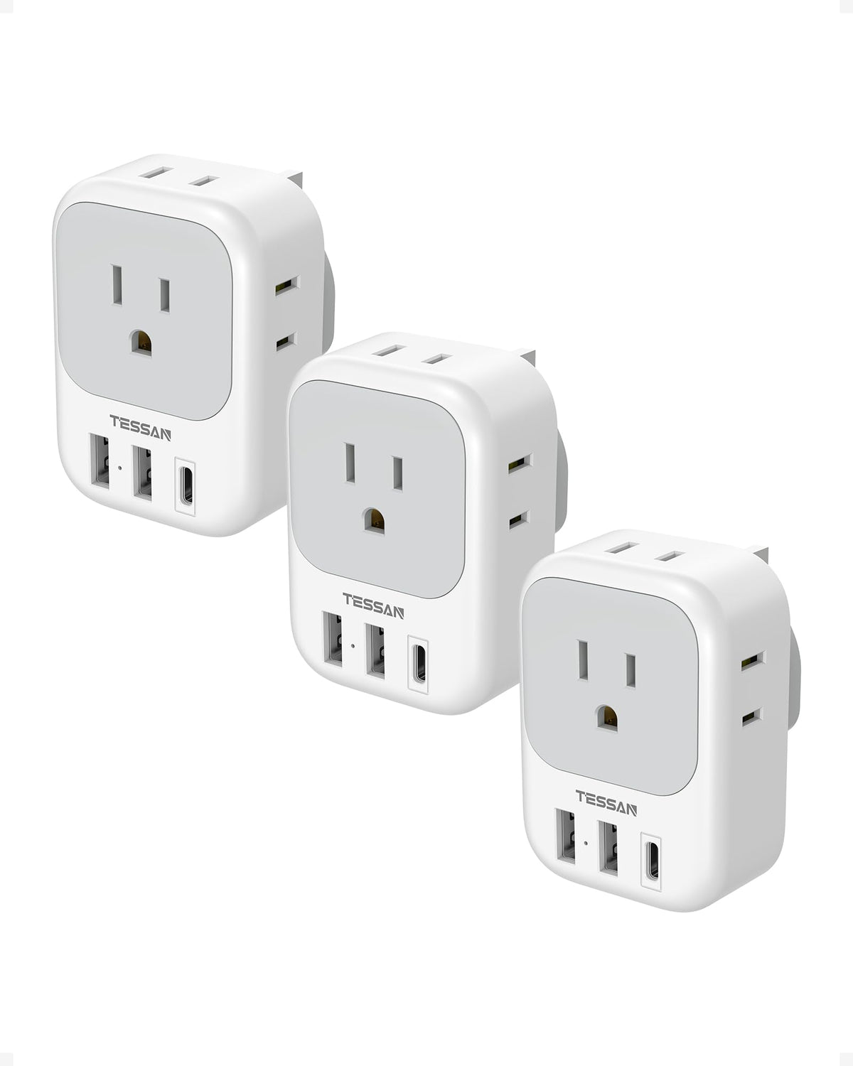 TESSAN US-to-UK adapter showing four outlets and three USB ports for travel.