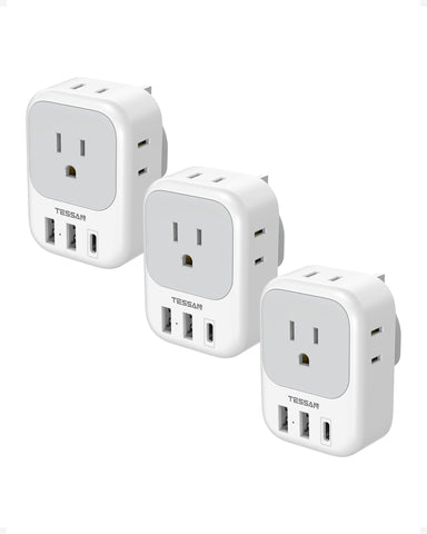 TESSAN US-to-UK adapter showing four outlets and three USB ports for travel.