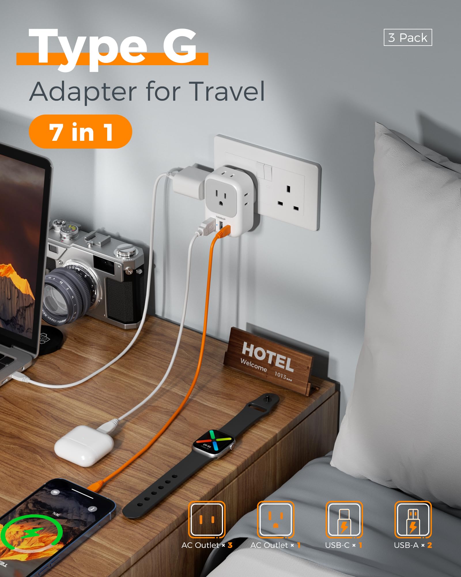 LED indicator on the Tessan UK adapter signals power status during travel.